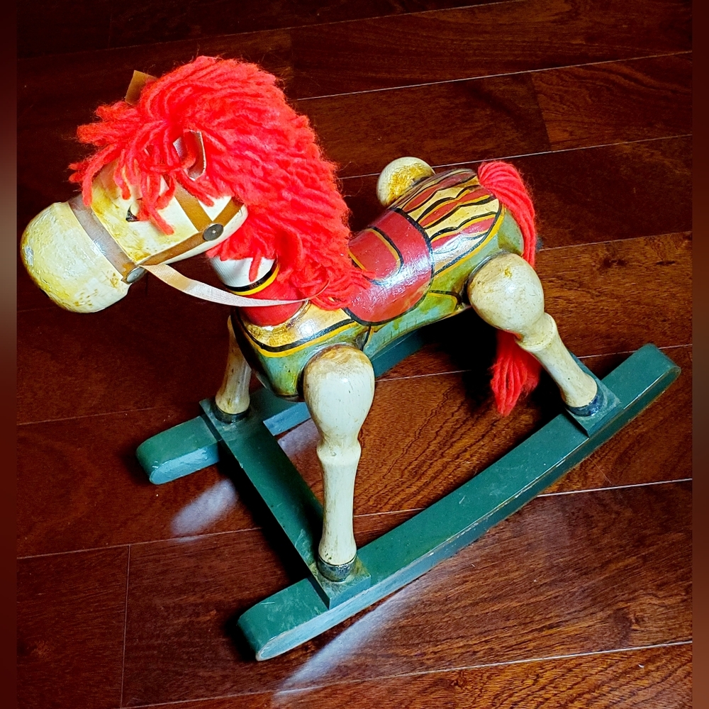 Vintage Wooden Christmas Handpainted Rocking Horse With Red Yarn Mane And Tail